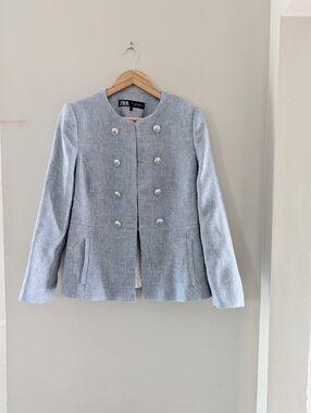 ZARA Fitted Textured Blazer Light Blue Size Large